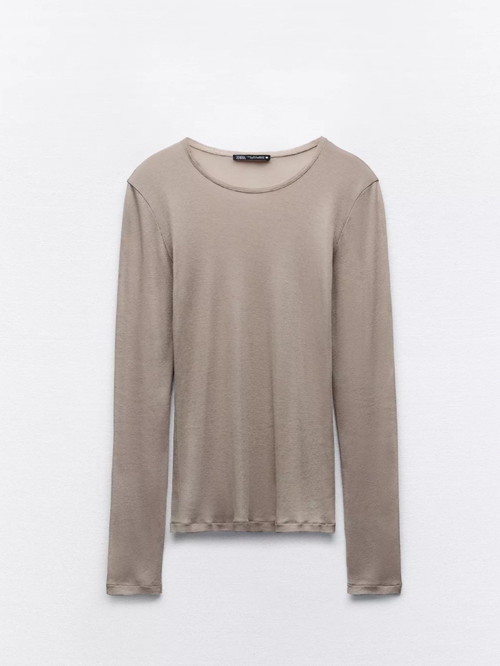 Zara semi-sheer supima cotton Long Sleeve crepe Top in Taupe M